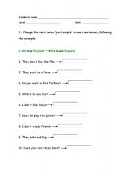 English worksheet:  simple past 