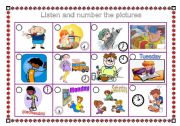 English Worksheet: Listen and number the pictures (DAILY ROUTINES)