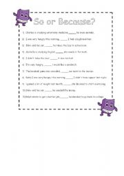 English Worksheet: So or Because