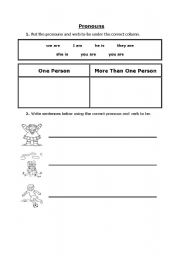 English worksheet: Singular and Plural Pronouns with the verb to be