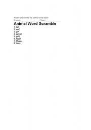 English worksheet: Animal Word Scramble