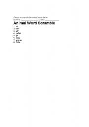 English Worksheet: Animal Word Scramble
