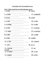 English worksheet: Countable and Uncountable Nouns