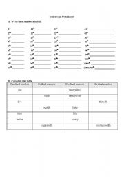 English worksheet: Ordinal and cardinal numbers