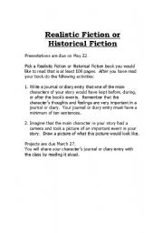 English Worksheet: Realistic Fiction or Historical Fiction Book Project