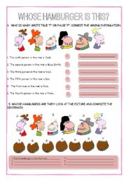 English Worksheet: WHOSE HAMBURGER IS THIS? :ordinal numbers, describing people, verb have got, genitive case (2ND PART)