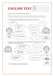 English Worksheet: Personnal information, color and school objects. 2 pages
