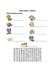 English worksheet: word search-animals