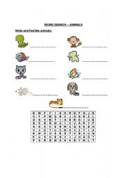 English Worksheet: word search-animals