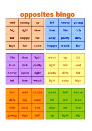 English Worksheet: Opposites bingo