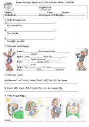 English Worksheet: test on greetings, numbers and colours