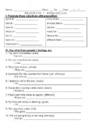 English worksheet: adjective + preposition