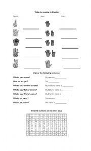 English worksheet: numbersand presentation