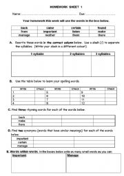 English worksheet: SIGHT WORDS HOMEWORK SHEET