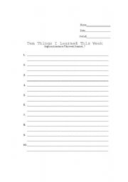 English worksheet: Ten Things I Learned This Week