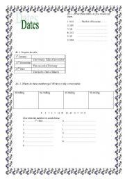 English worksheet: dates, months, ordinals, in/on/at
