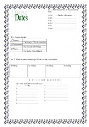 English Worksheet: dates, months, ordinals, in/on/at