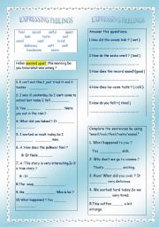 English Worksheet: Expressing feelings(feel-taste-look-smell-sound) 2 pages