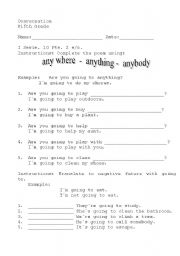 English worksheet: using any where, anything anybody