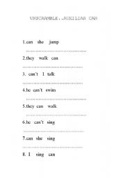 English worksheet: UNSCRAMBLE..AUXILIAR CAN