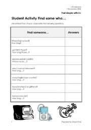English worksheet: Find Someone Who... (Past Simple with for)