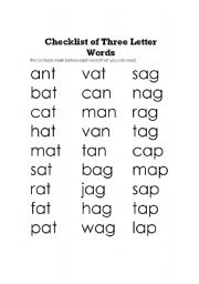 English worksheet: Check list of three letter words