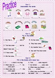 English Worksheet: School supplies, have/has, do/does, some/any