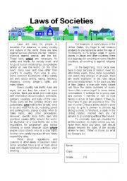 English Worksheet: Laws of Societies Reading Comprehension