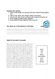 English Worksheet: Being Green, Helping the Earth - Discussion and Wordsearch