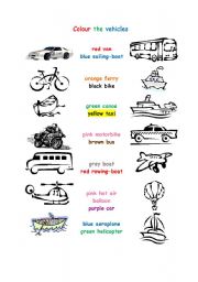 English Worksheet: Colour the vehicles