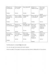 English worksheet: Self Intro Game Sheet