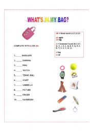 English worksheet: Whats in my bag?