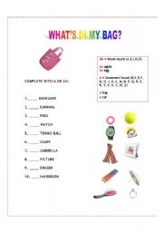 English Worksheet: Whats in my bag?