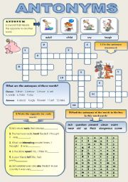 English Worksheet: ANTONYMS! - 3 VOCABULARY ACTIVITIES WITH KEYS