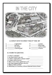 English Worksheet: IN THE CITY + THERE + BE + PREPOSITIONS