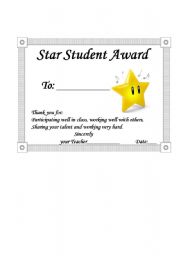 English Worksheet: STAR STUDENT AWARD
