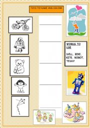 English worksheet: Toys to name and colour