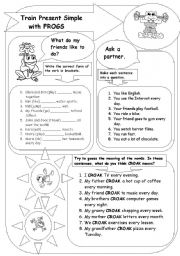 English Worksheet: Train Present Simple with FROGS