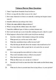 English worksheet: Tobacco Horror Show Questions