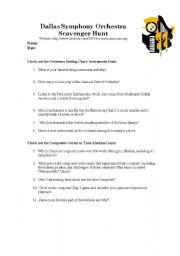 English Worksheet: Dallas Symphony Orchestra Scavenger Hunt