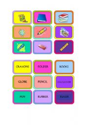 English Worksheet: School Things Memory Game (2 PAGES)