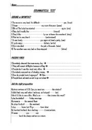 English worksheet: grammatical test (gerund/infinitive;passive;prepositions)