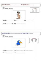 English worksheet: Look. Describe the animal. 2pages worksheet