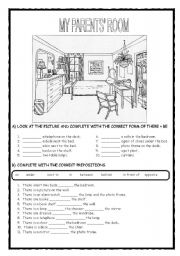English Worksheet: MY PARENTS ROOM : THERE + BE / PREPOSITIONS