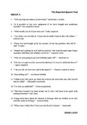 English Worksheet: Reported Speech Test for Group A and Group B (Transformations)