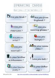 English Worksheet: SPEAKING CARDS - Are you....? (part 1)