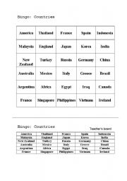 English worksheet: Bingo List on Countries