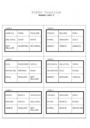 English Worksheet: Country Bingo Cards #1