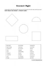 English worksheet: Fawlty Towers - Gourmet Night Characters & Shapes