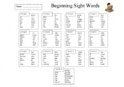 English worksheet: Beginning Sight Word List 